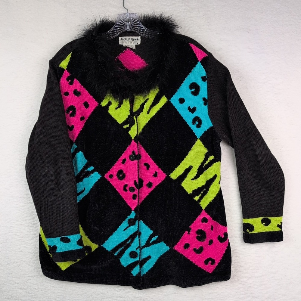Vintage Jack B. Quick Cardigan Sweater Women‎ 1X Black Geometric Faux Fur Collar